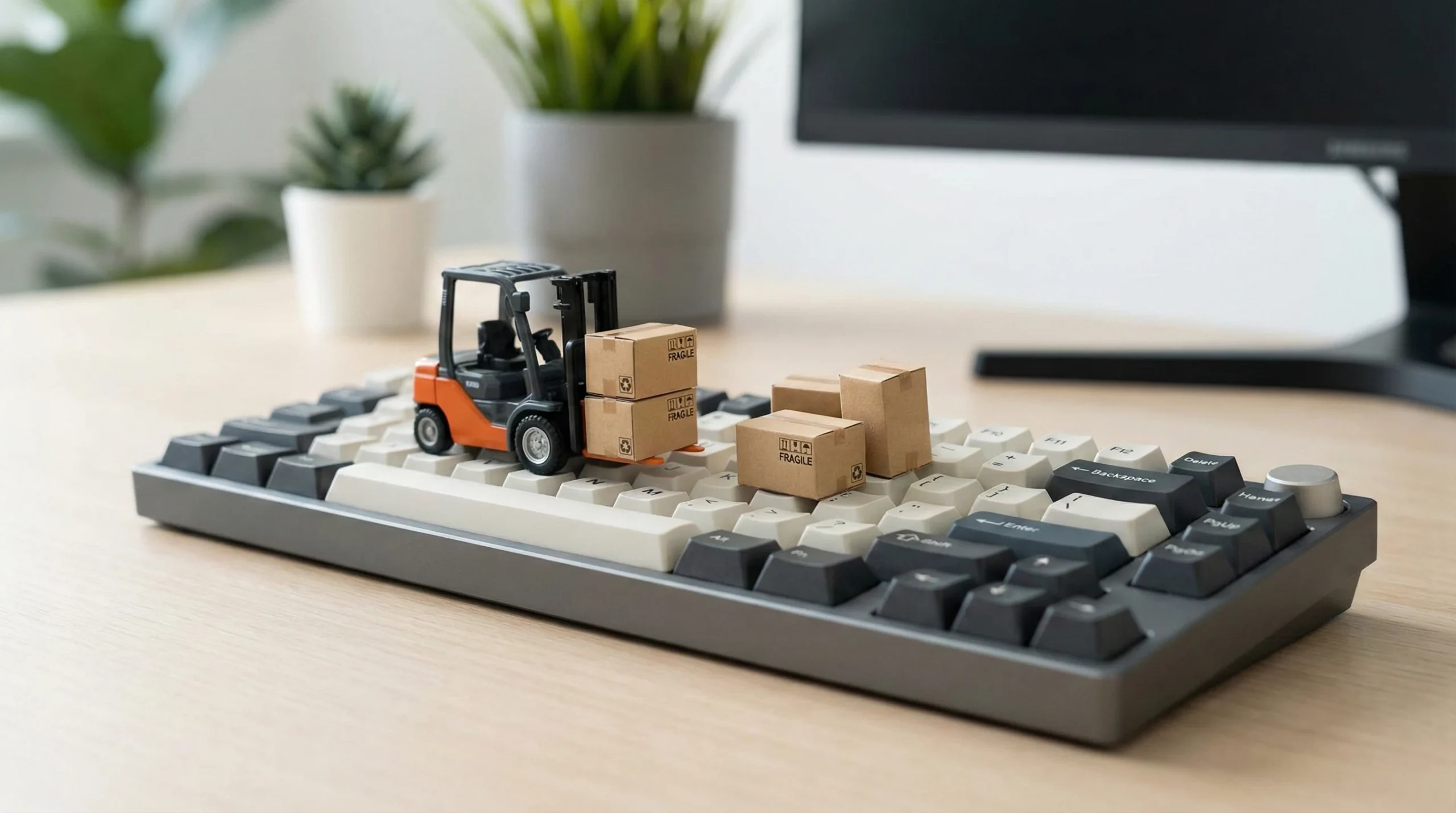 keyboard with a mini forklift and boxes on top