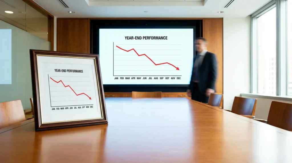 Business meeting room showing year-end performance decline charts on screen and table