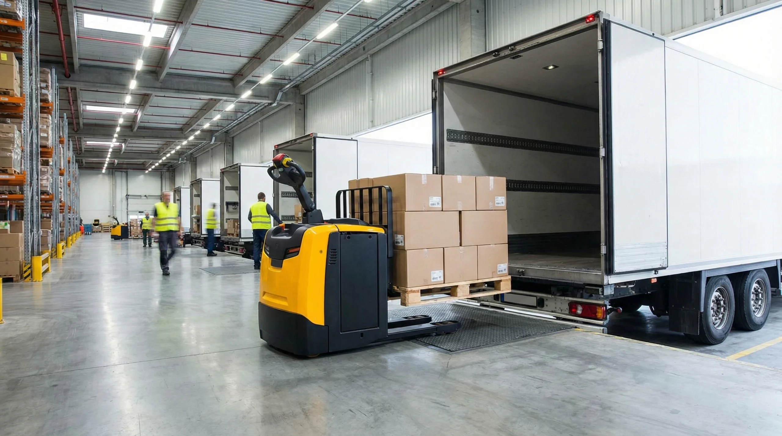 pallet truck loading items into a truck at warehouse dock