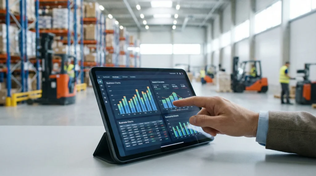 finger pointing at a tablet with charts and graphs and a warehouse in the background