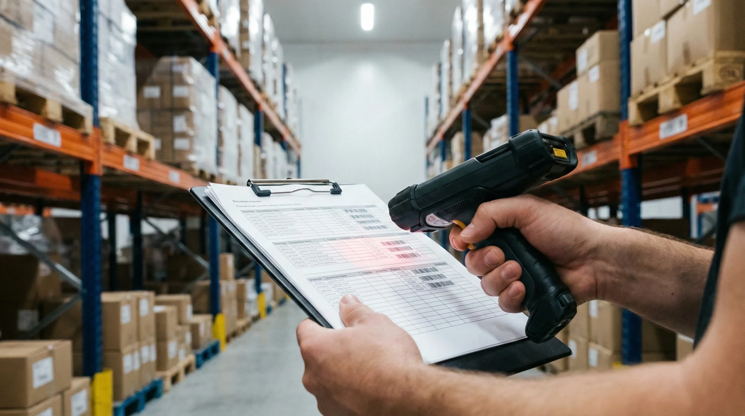 hands scanning barcodes on a clipboard with warehouse shelves in the background