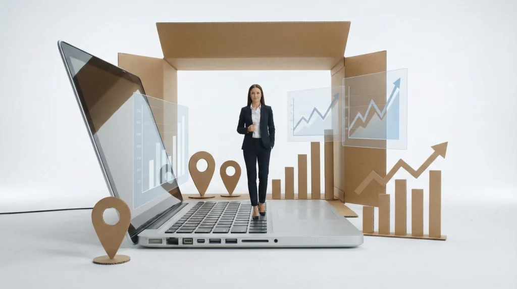 woman standing on a giant laptop, surrounded by a box, location icons and graphs