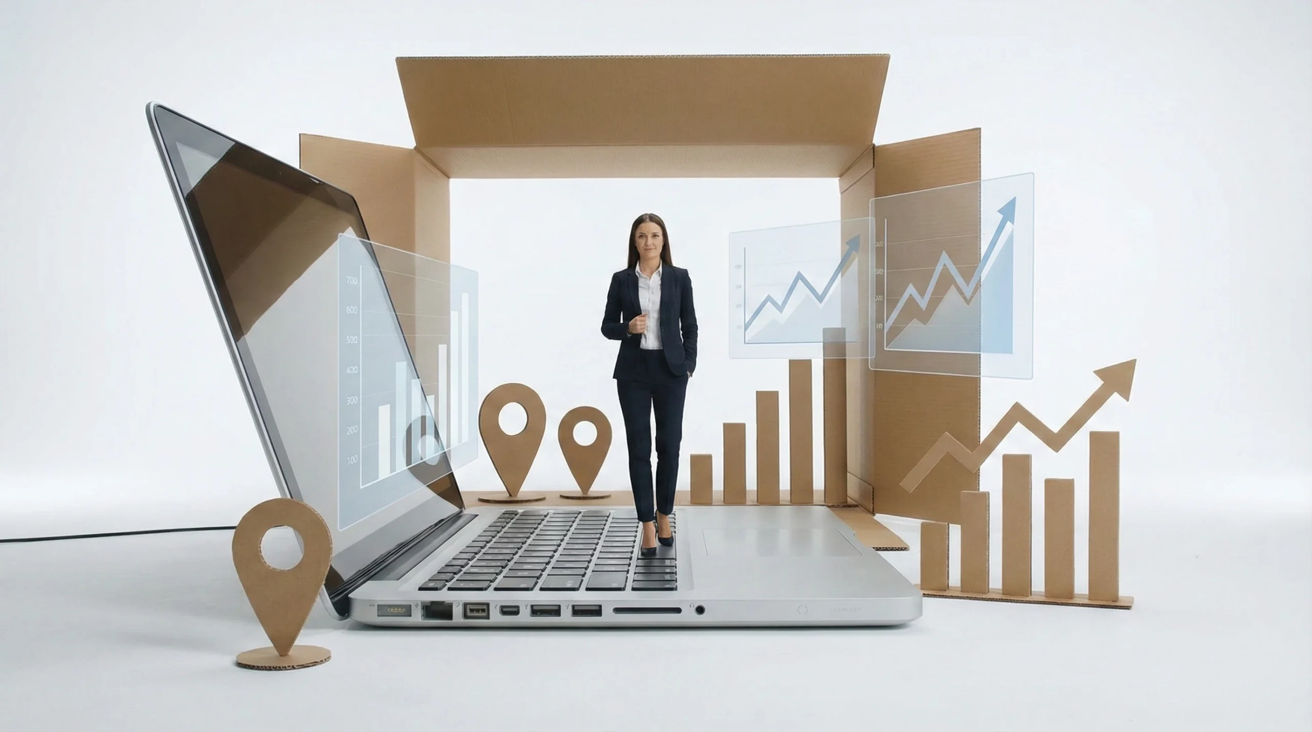 woman standing on a giant laptop, surrounded by a box, location icons and graphs