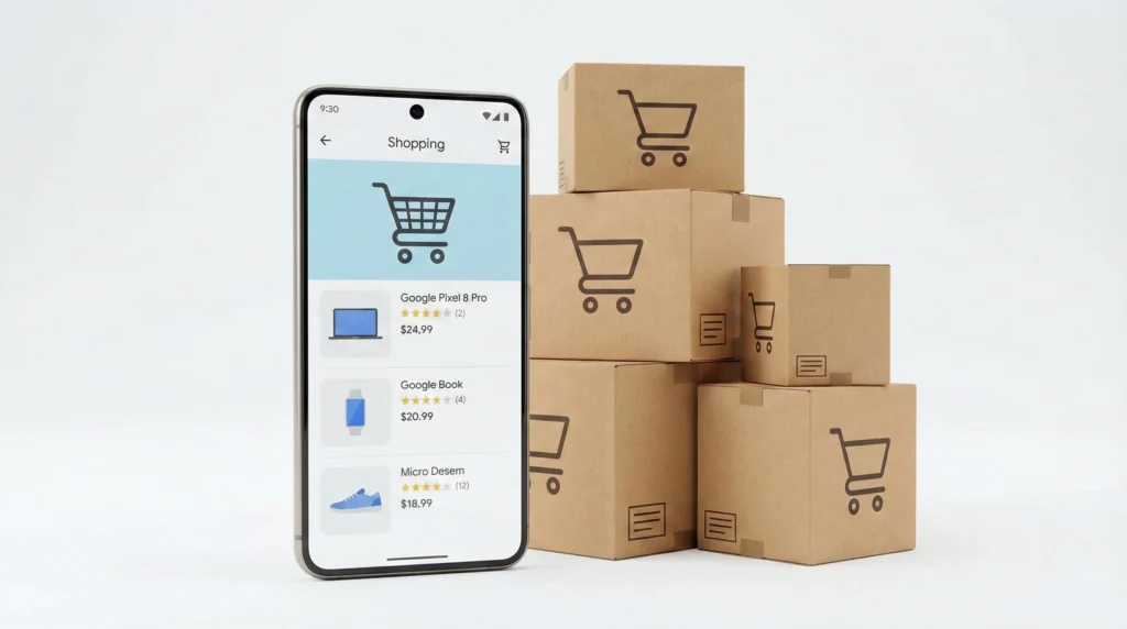 a phone and a stack of boxes with shopping carts on them