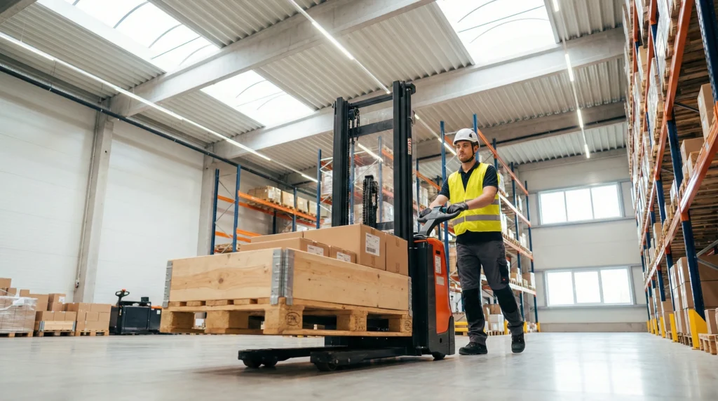 warehouse worker picking up a pallet