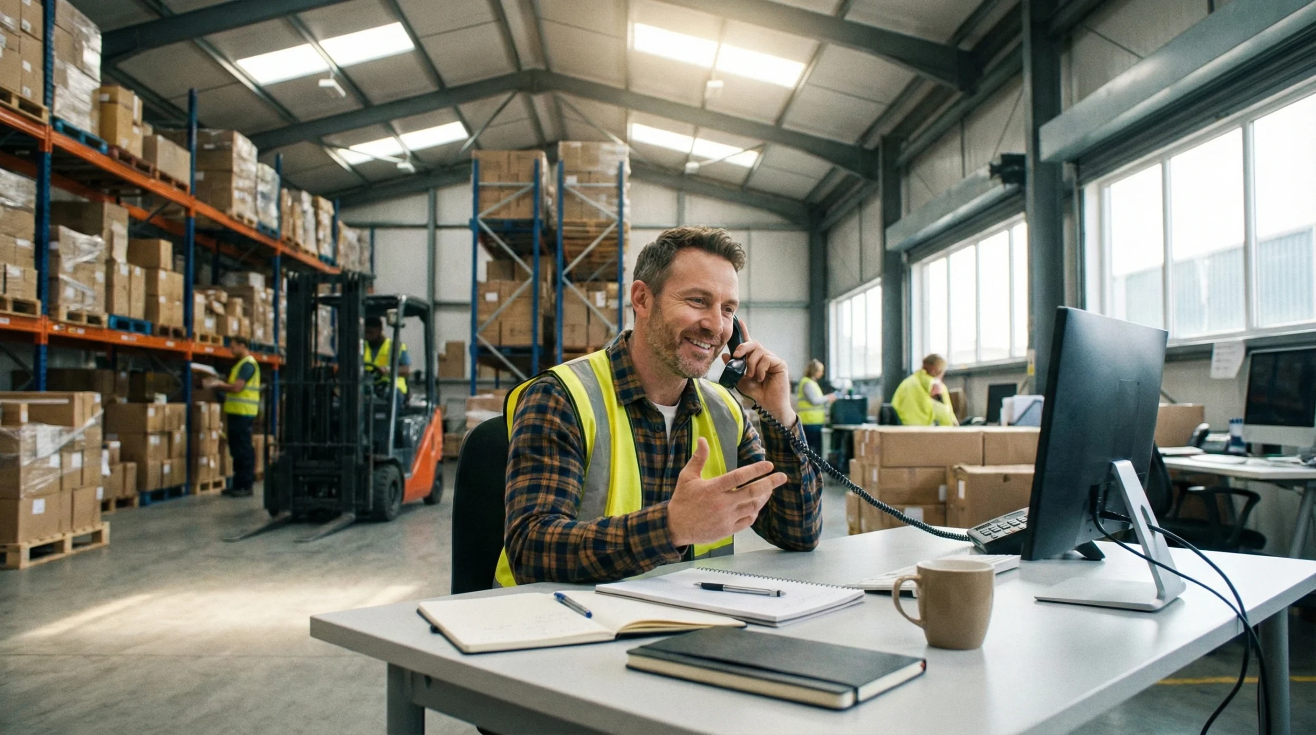 warehouse worker sitting at a desk inside a warehouse on the phone with a customer