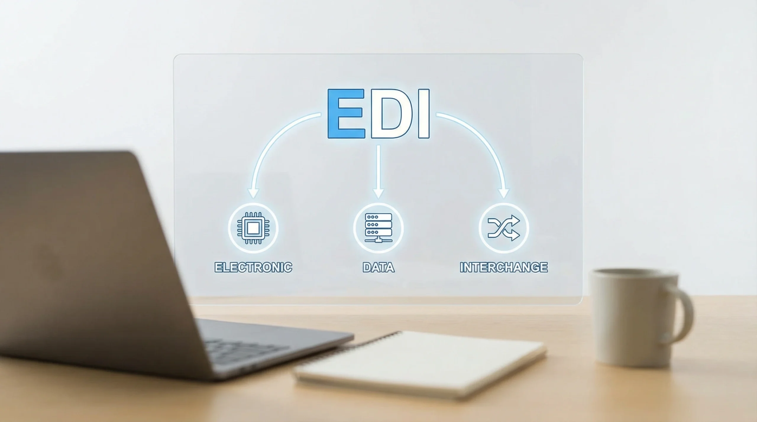 EDI with lines going to icons with the words electronic, data, and interchange
