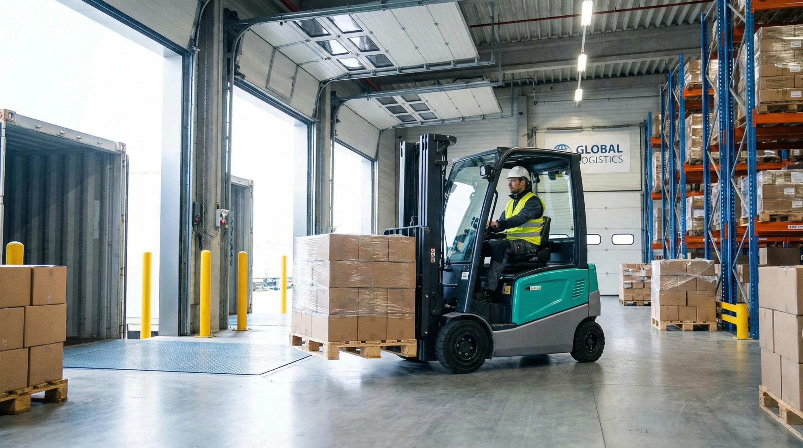 forklift with a pallet at a warehouse loading dock