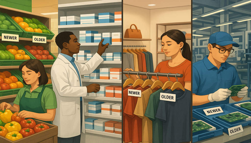 FIFO inventory management demonstration across grocery store, pharmacy, retail clothing and warehouse operations