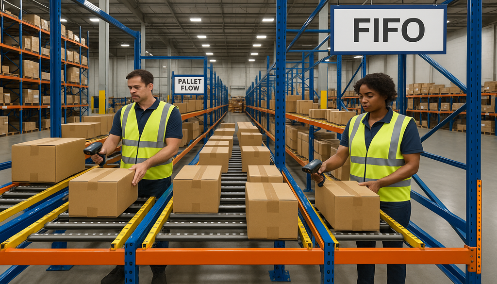 Two warehouse workers using FIFO inventory system with conveyor belts and organized storage shelves
