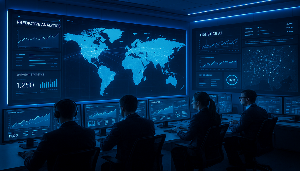 Modern control room with analysts monitoring 3PL logistics software dashboards and global shipping data