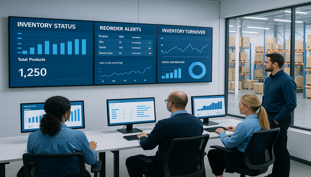 Team analyzing inventory management dashboard with stock levels and turnover metrics displayed