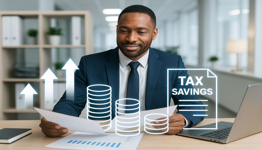 Professional businessman reviewing LIFO inventory method documents with tax savings graphics overlay