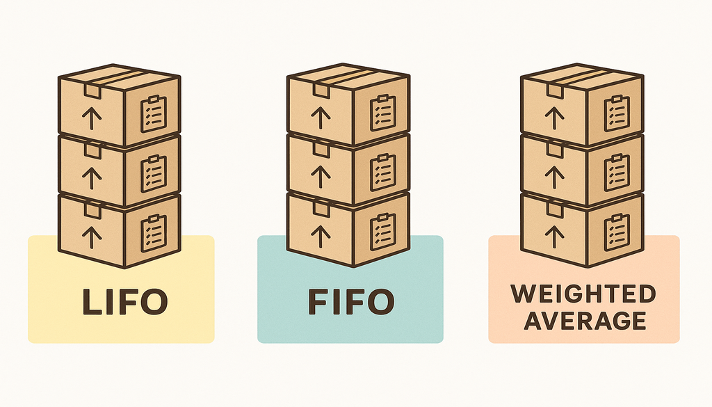 LIFO, FIFO, and weighted average inventory valuation methods illustrated with stacked boxes