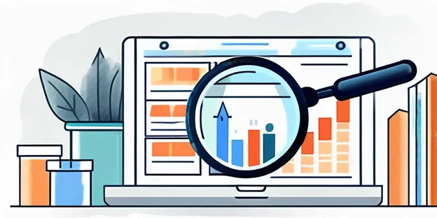 magnifying glass looking at laptop screen with charts