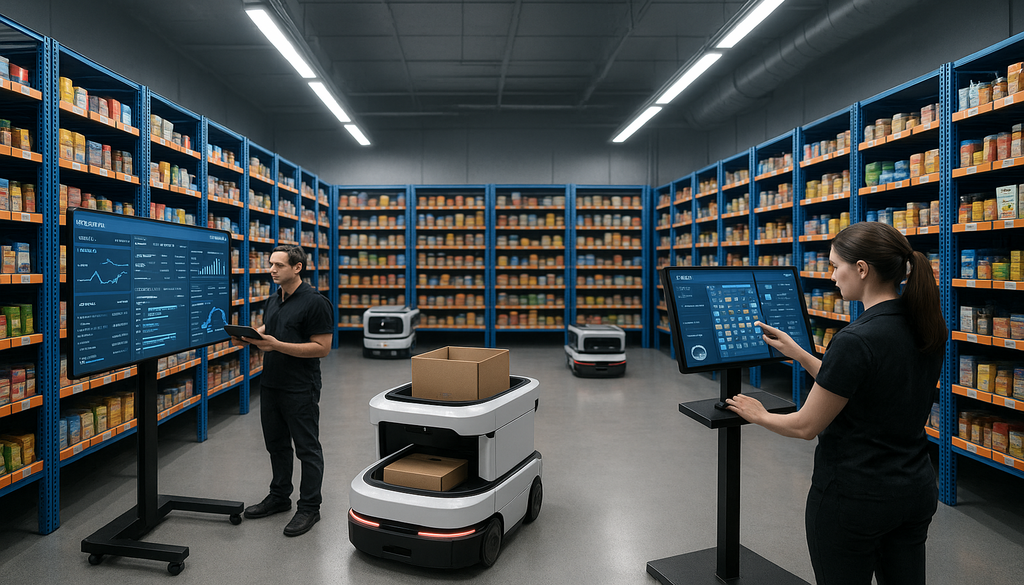 Modern automated warehouse with robots, workers using digital dashboards for inventory management