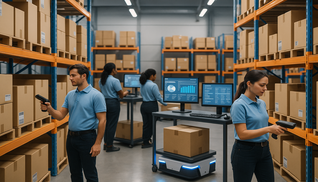 Warehouse workers using handheld scanners and WMS software displays in modern distribution center