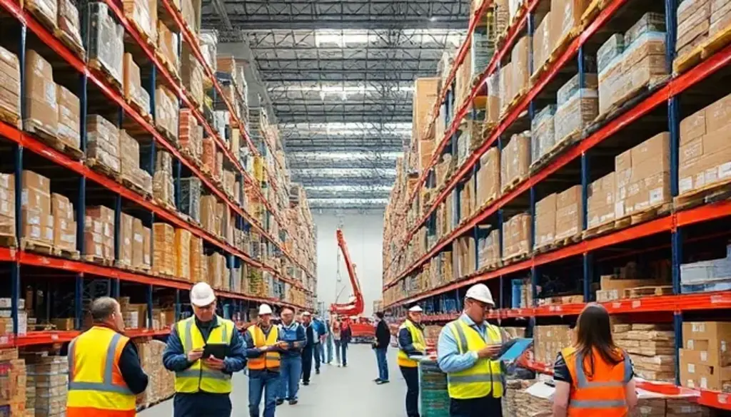 Warehouse workers using mobile devices and tablets for inventory management in distribution center