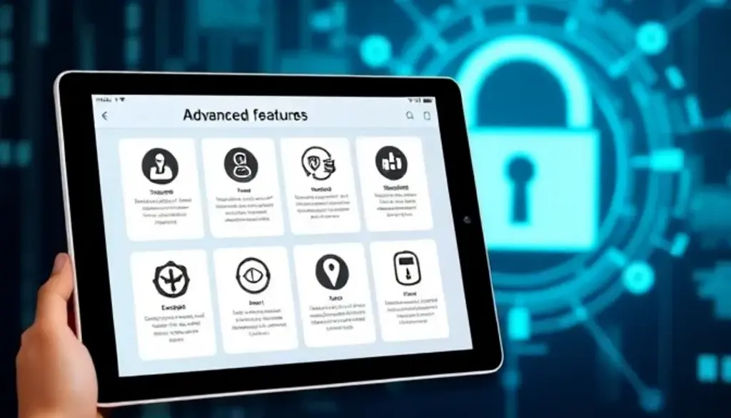Tablet displaying mobile WMS advanced features interface with security lock background