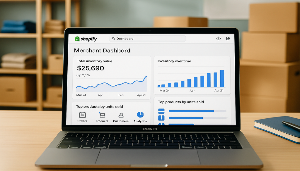 Shopify merchant dashboard displaying inventory analytics and sales data on laptop screen
