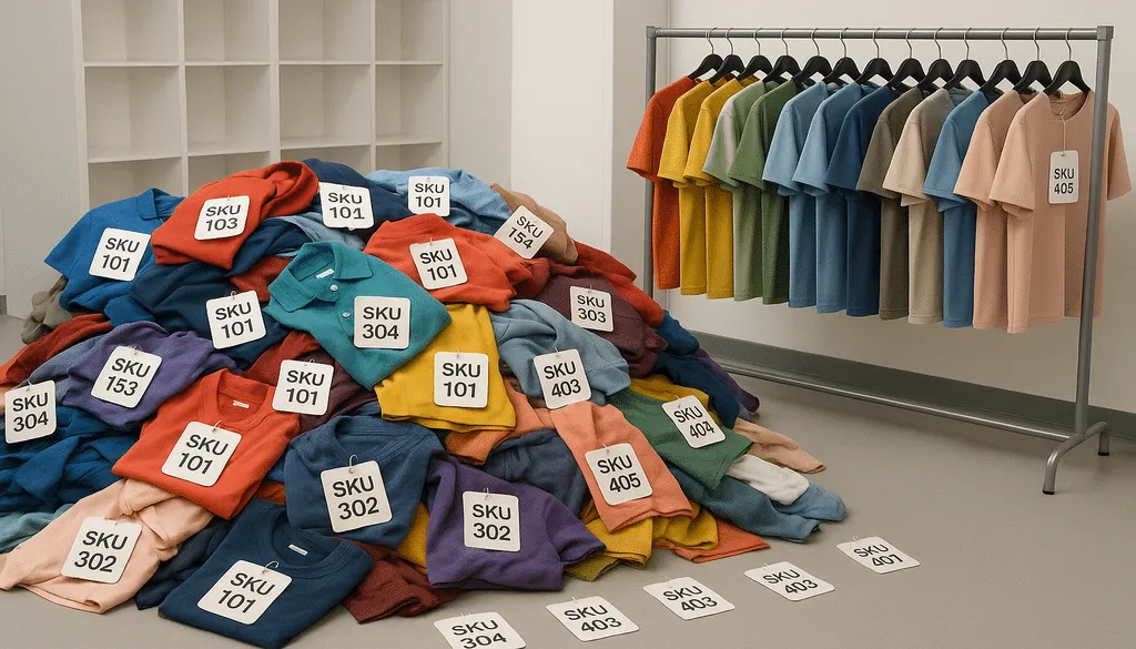 Fashion stockroom with disorganized and duplicate SKU tags on clothing items.