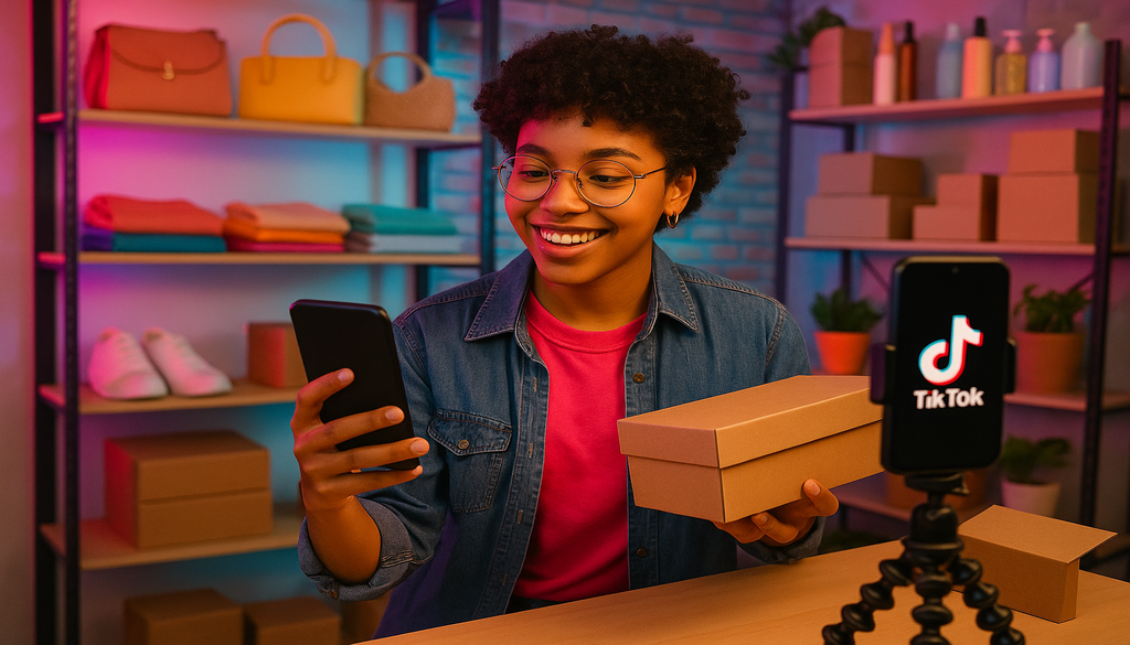 Young entrepreneur filming TikTok Shop product unboxing video for ecommerce business