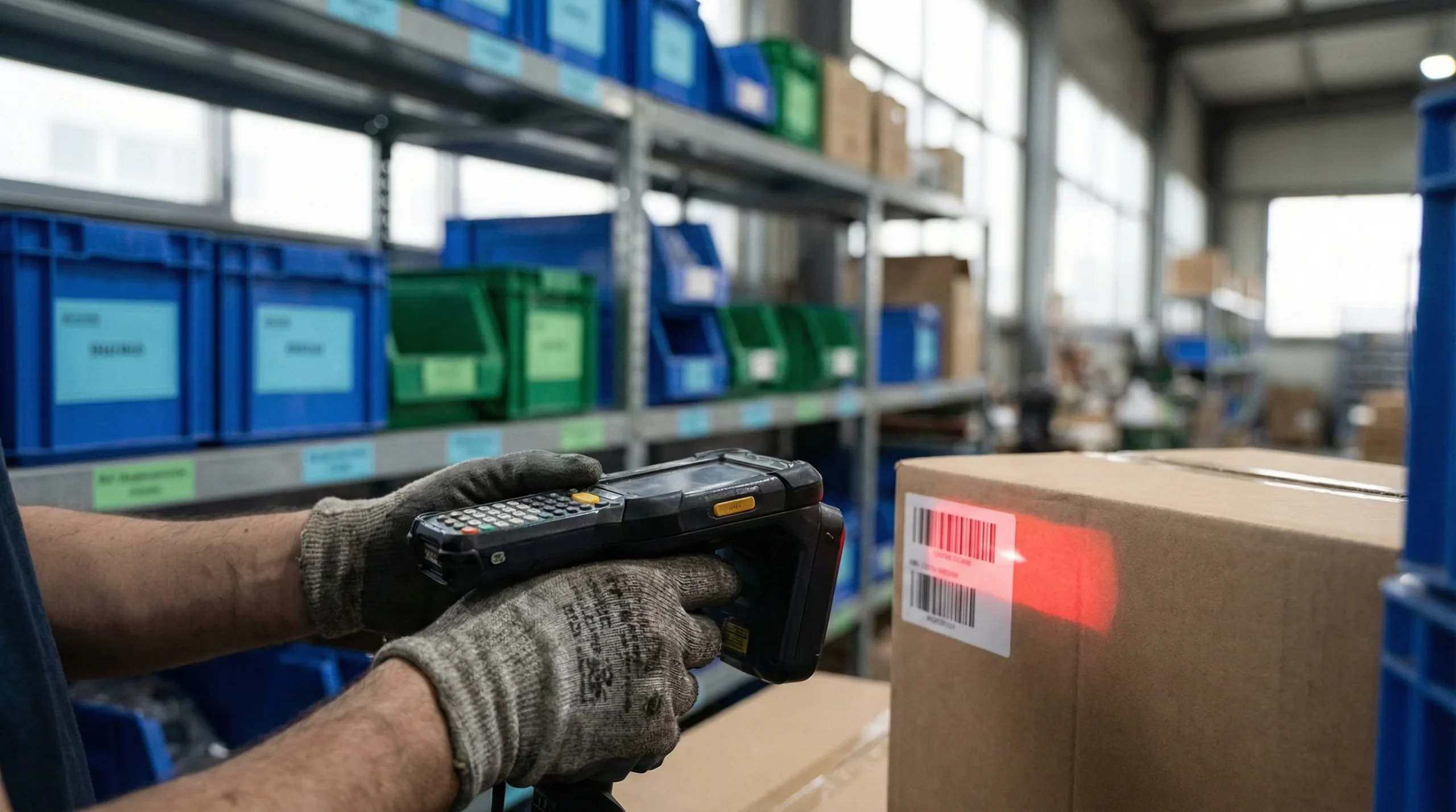 Warehouse worker scanning barcode on package.
