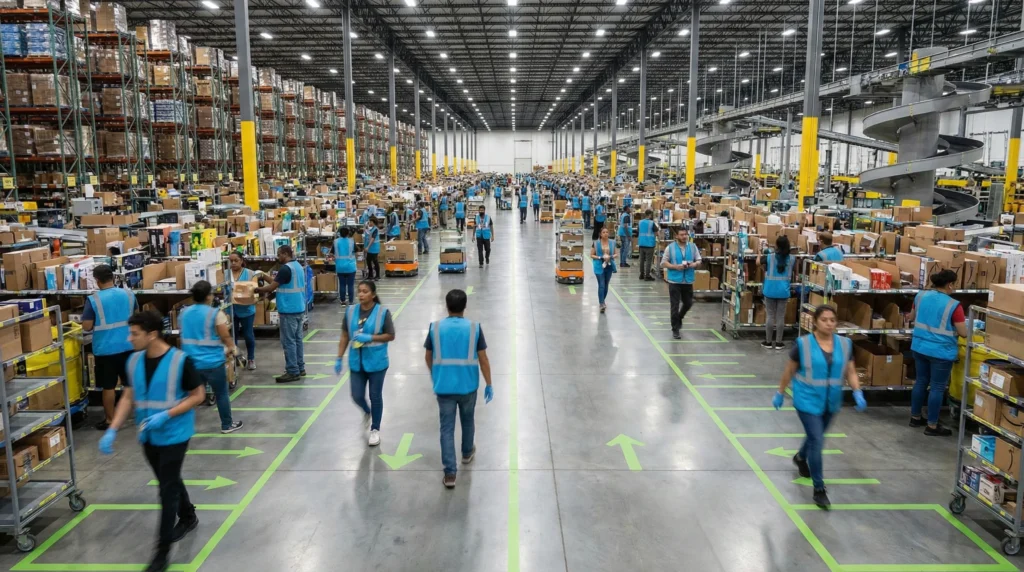 Amazon warehouse with workers picking products