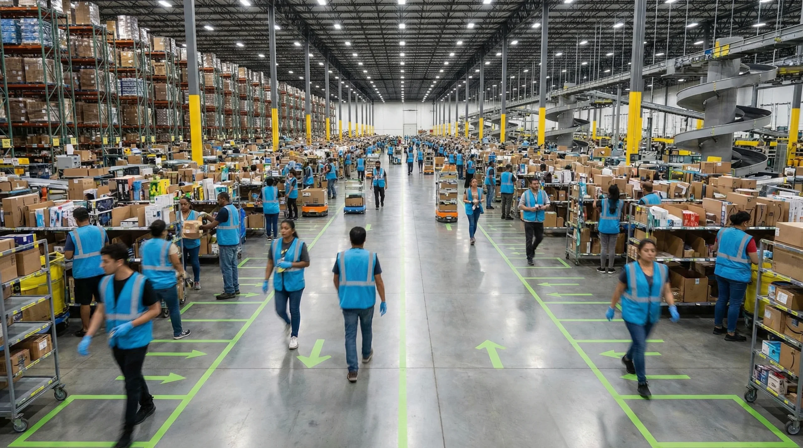 Amazon warehouse with workers picking products