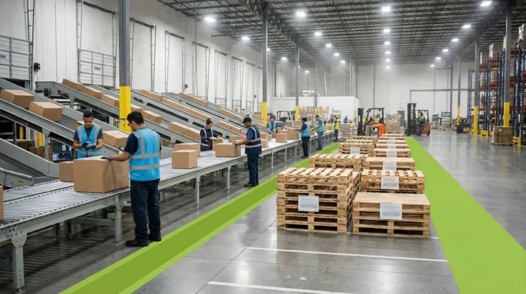 Warehouse receiving dock with active workers