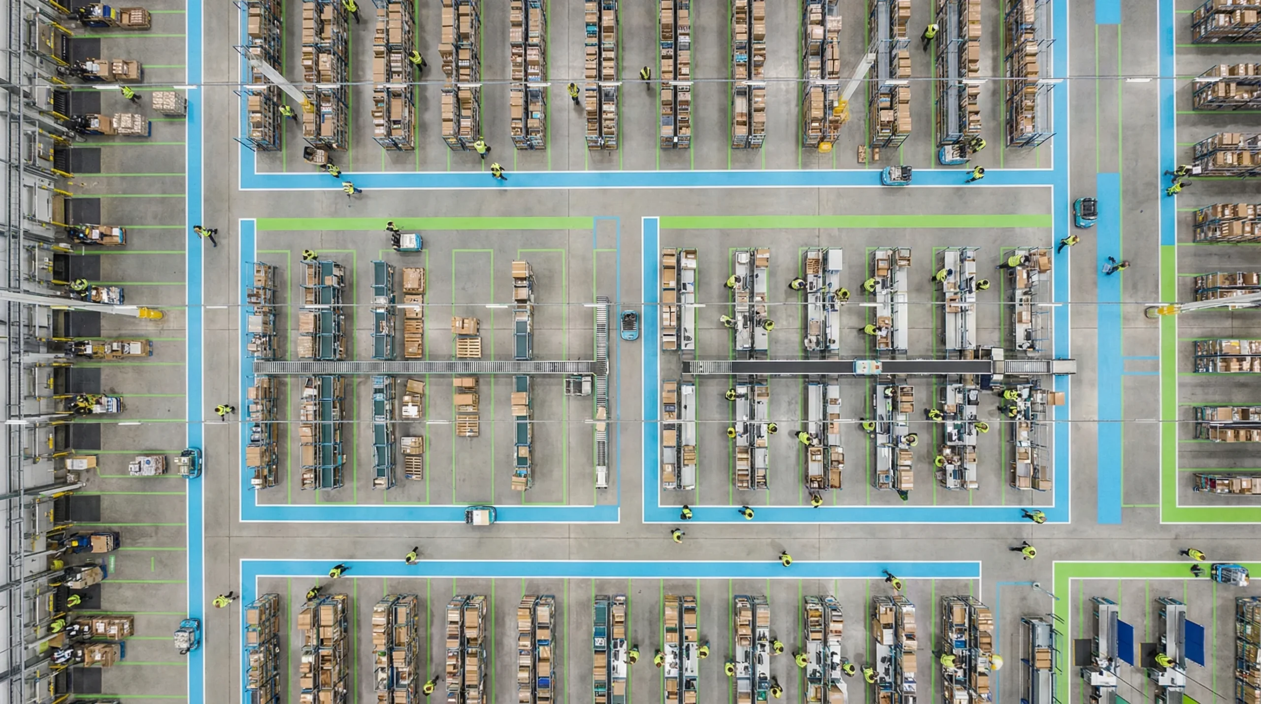 Aerial view of organized warehouse floor