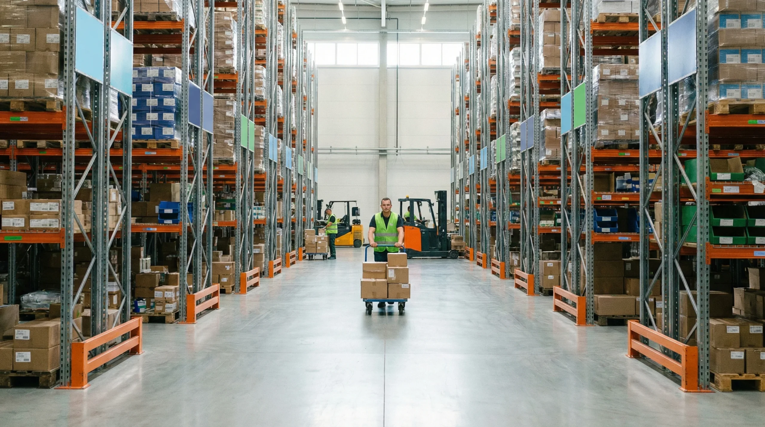 Warehouse aisle with worker, 3pl logistics operations