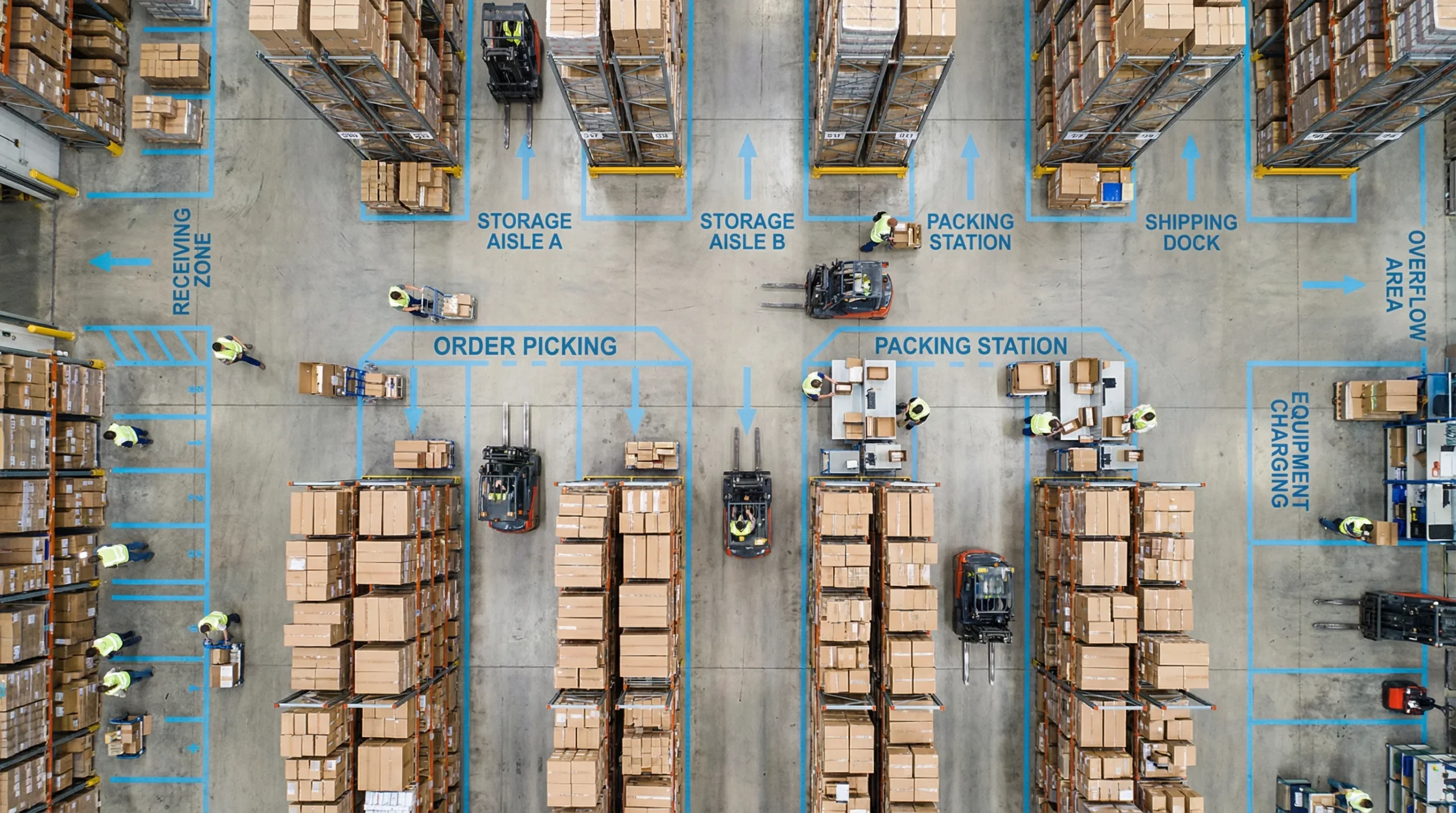Aerial view of organized warehouse floor