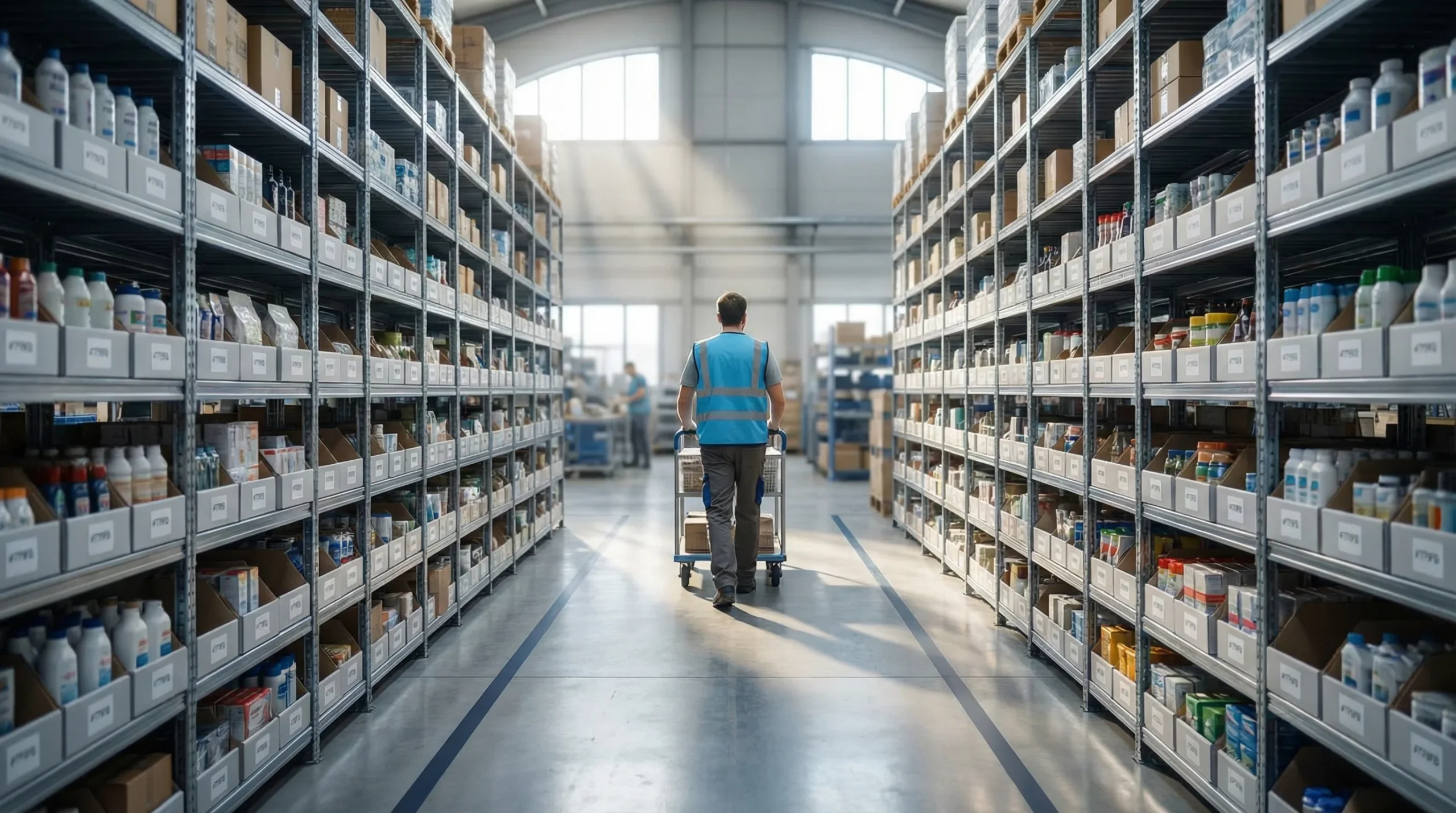 Warehouse aisle with order picking automation