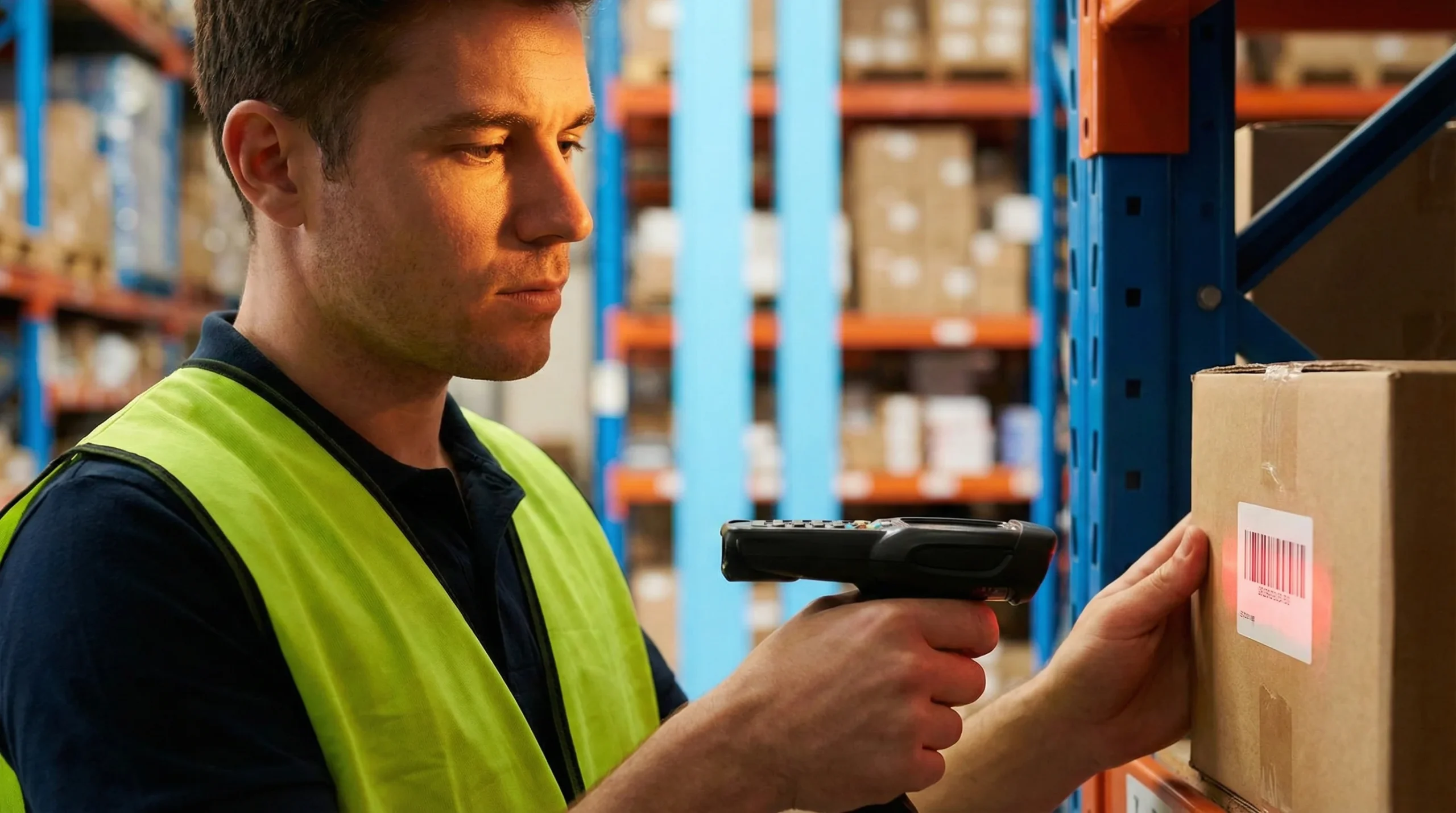 Warehouse worker scanning barcode on package