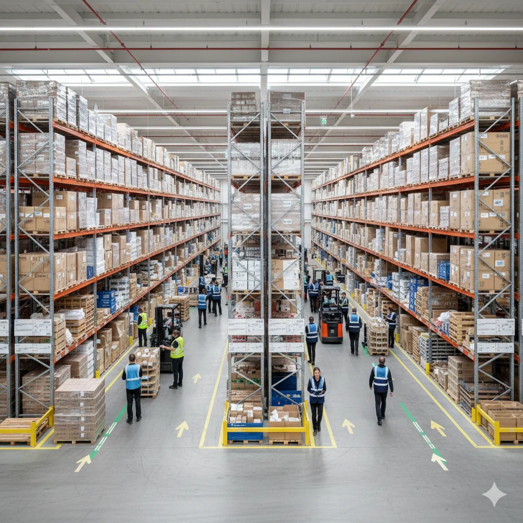 Wide shot of organized warehouse operations