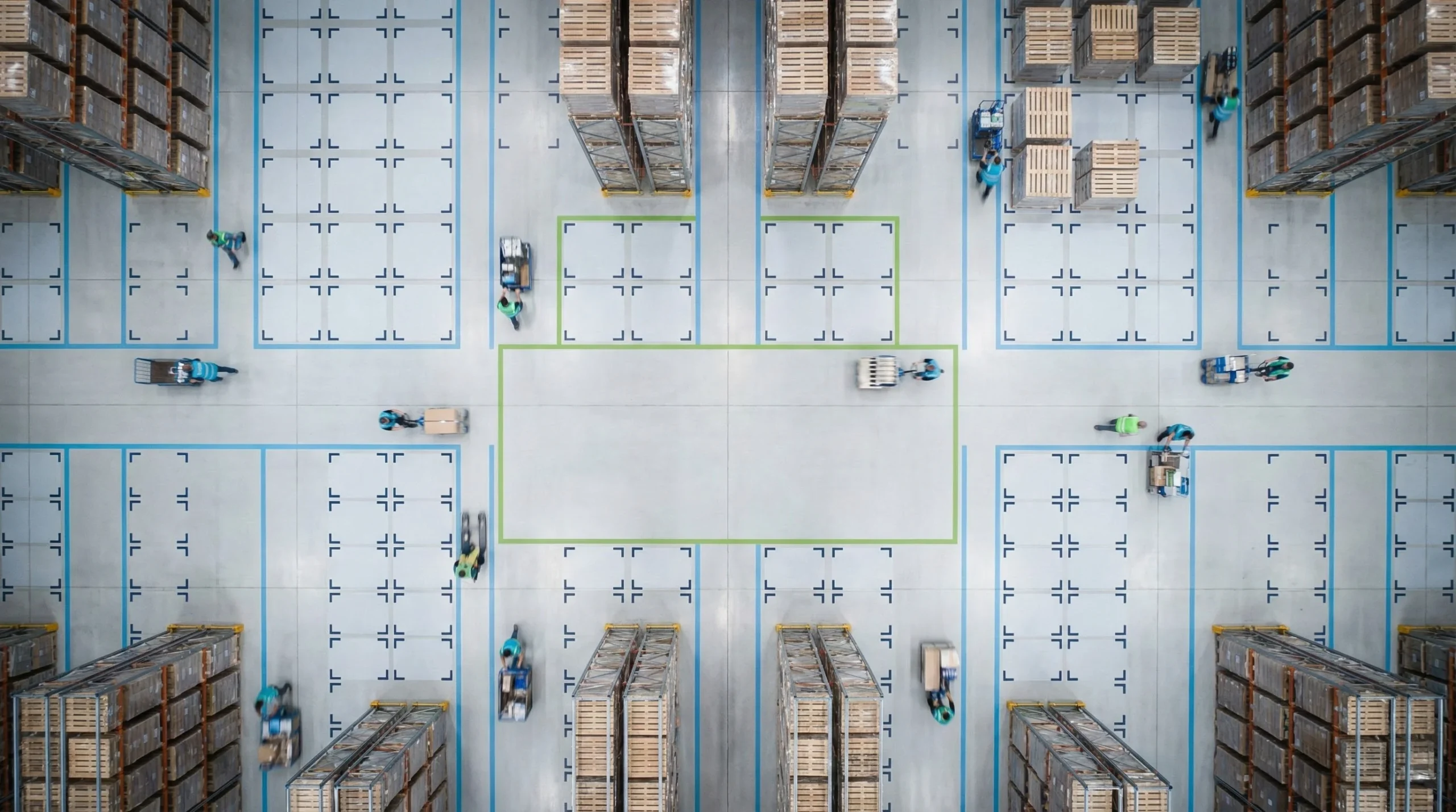 Overhead view of organized warehouse aisles
