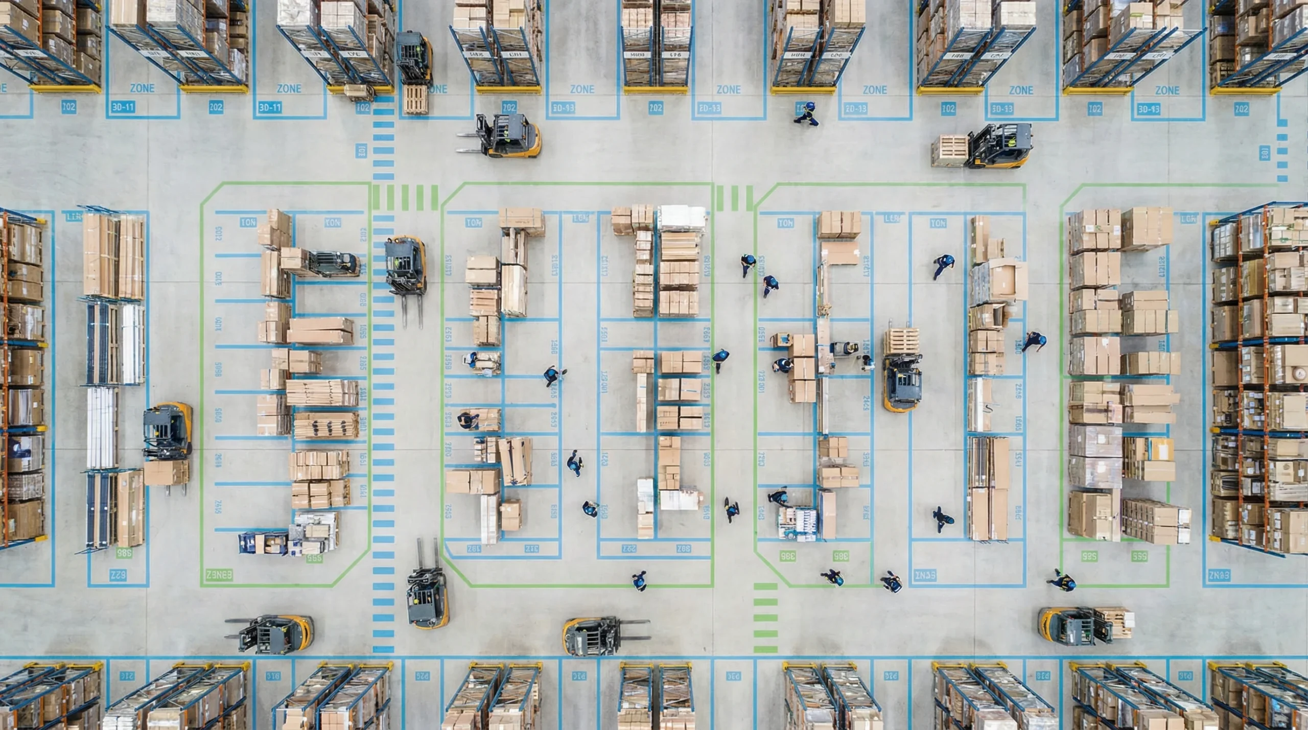 Overhead view of organized warehouse floor