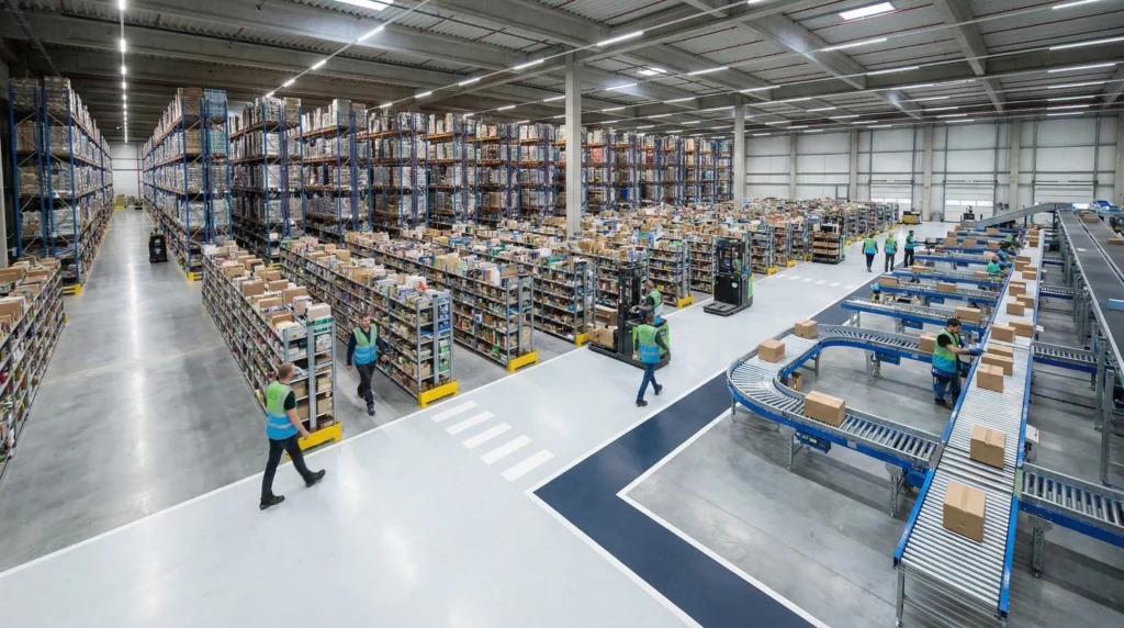 Modern warehouse with automated systems.