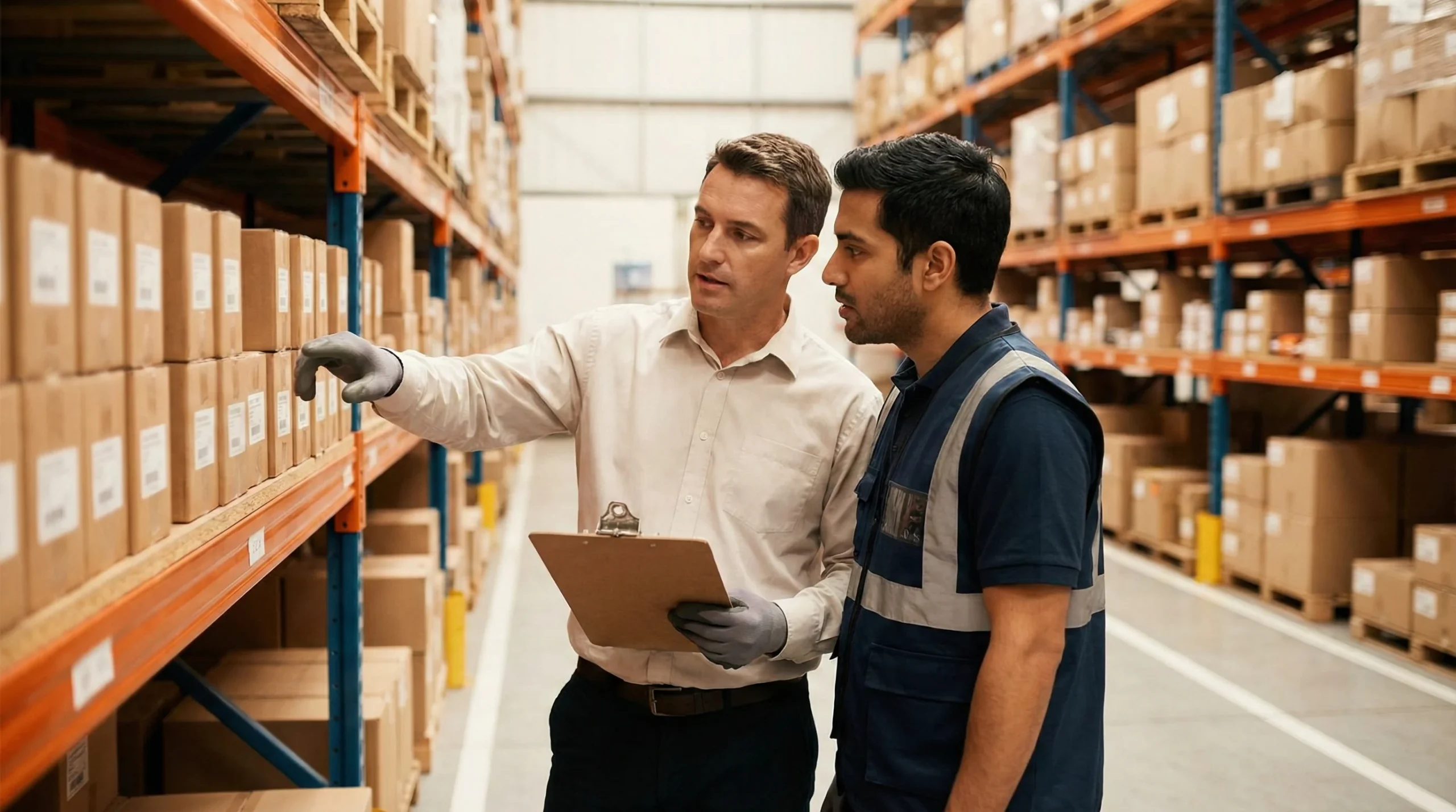 Supervisor with clipboard and warehouse worker