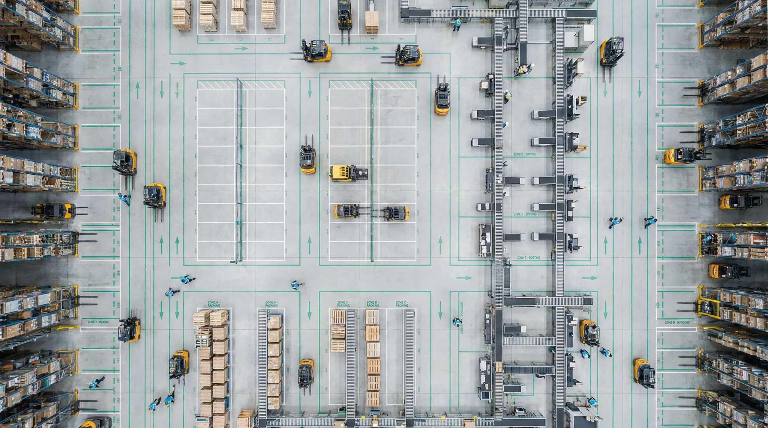 Aerial view of organized warehouse floor