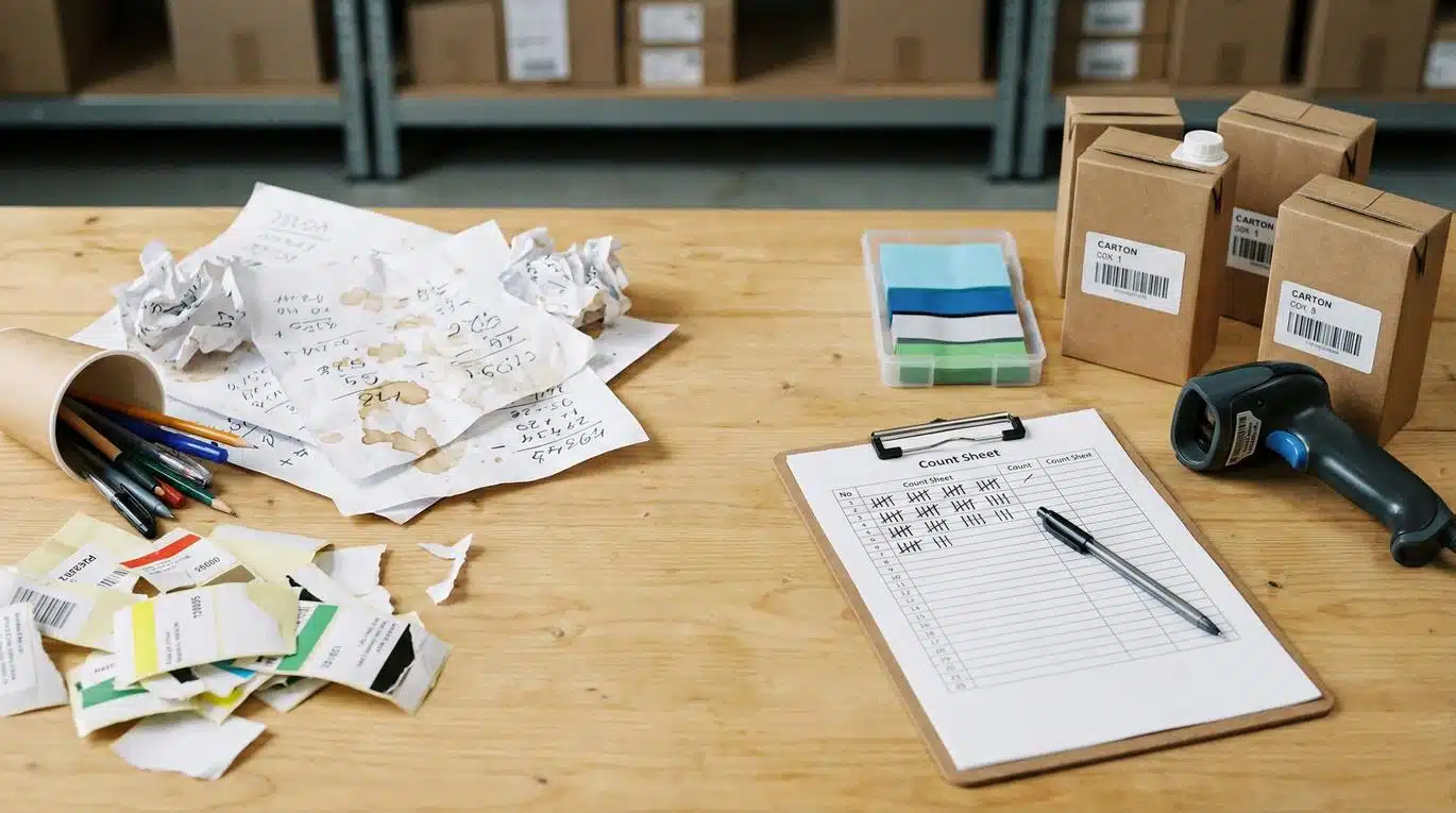 Warehouse inventory count sheet with tally marks, barcode scanner, and labeled shipping boxes