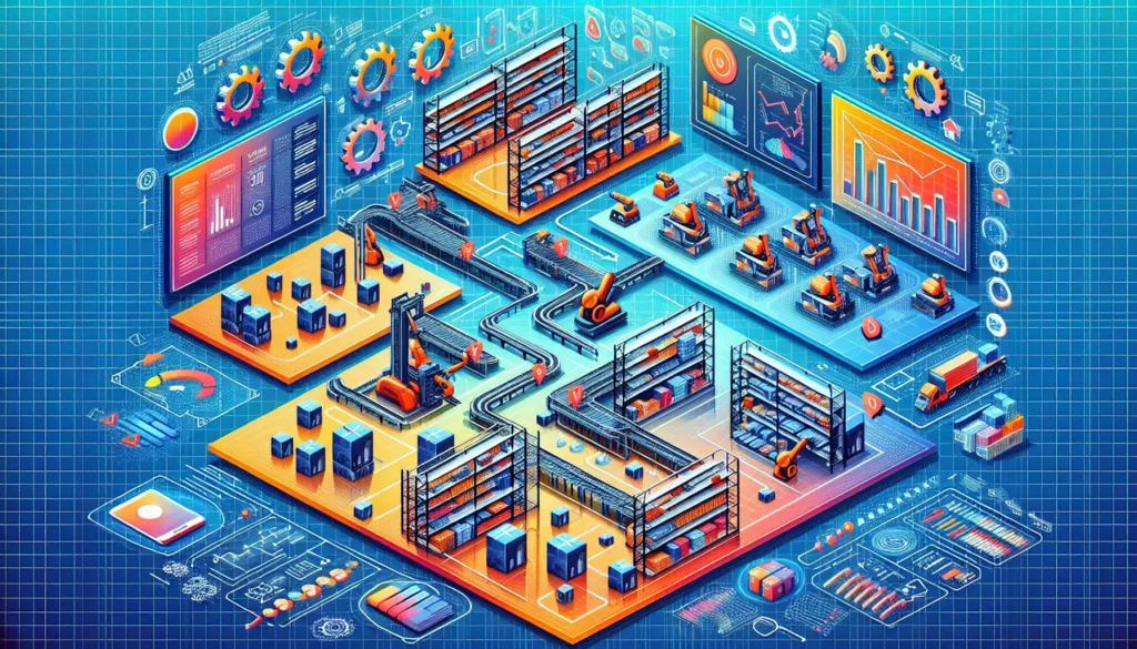 warehouse overview with robots and screens showing charts and graphs and floating cogs
