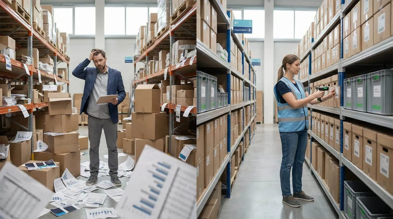 Split warehouse scene: chaos vs. order