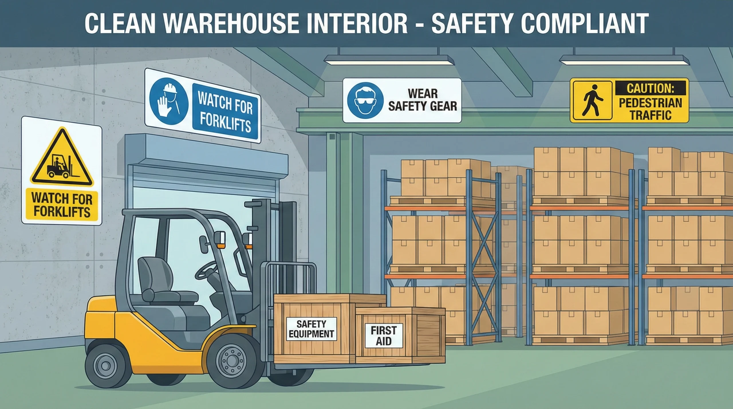 warehouse safety boxes and forklift illustration