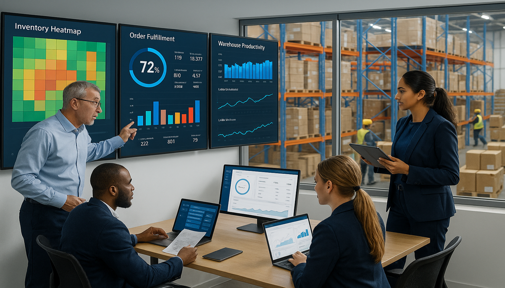 Business team analyzing warehouse management system dashboards showing inventory heatmap and fulfillment metrics