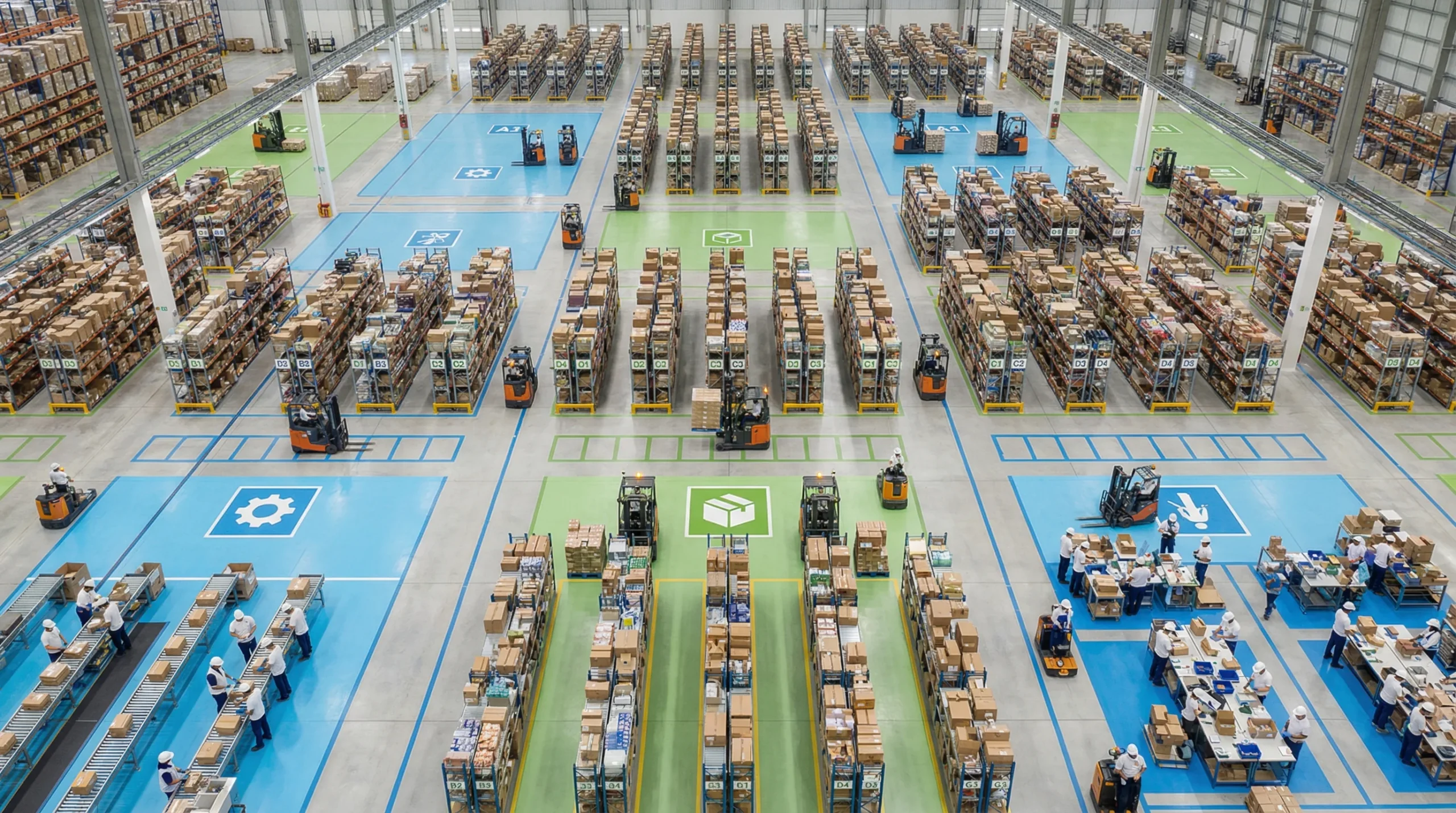Aerial view of organized warehouse floor