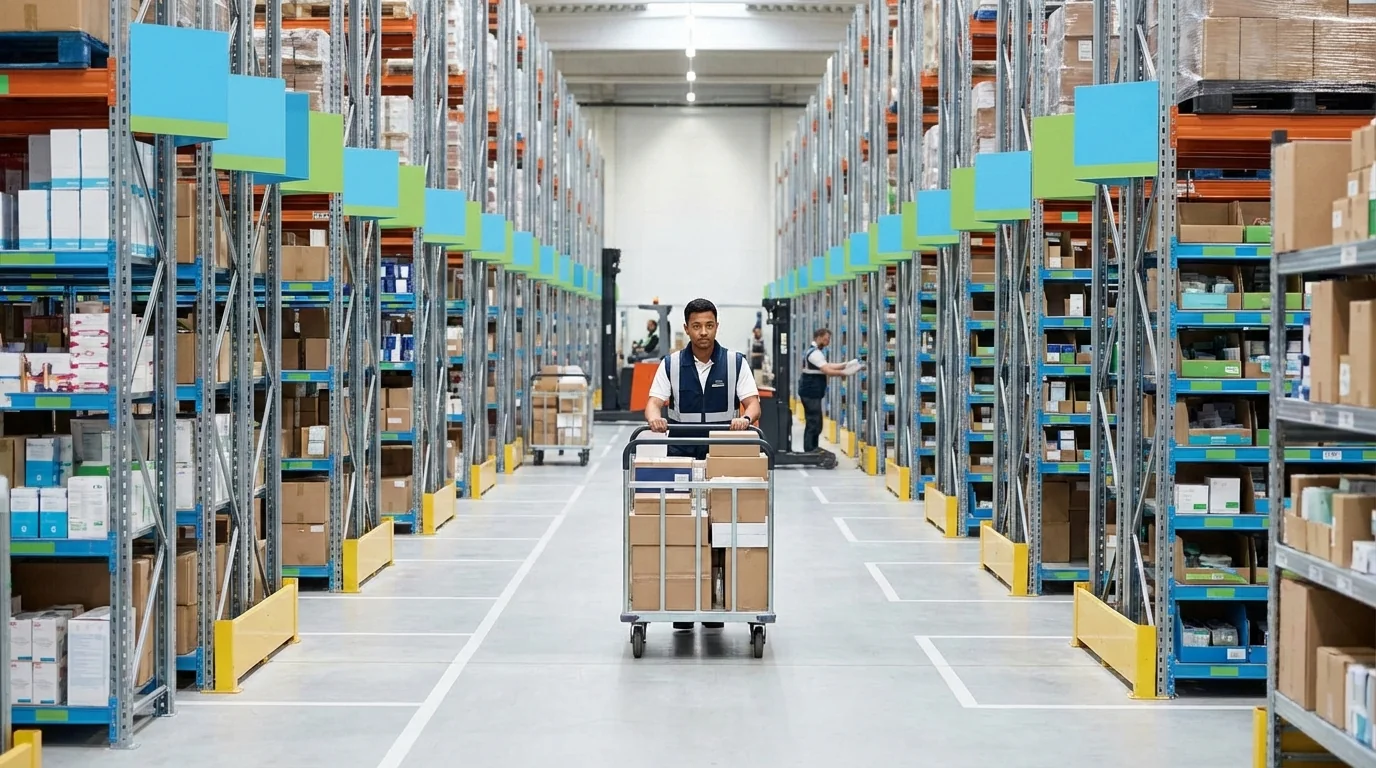 Warehouse aisle with organized shelves