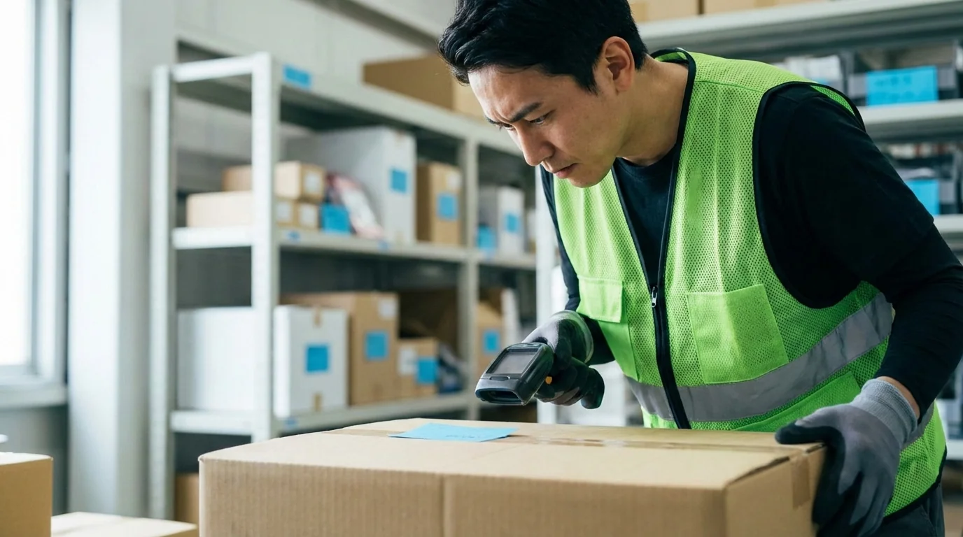 Warehouse worker scanning barcode on package