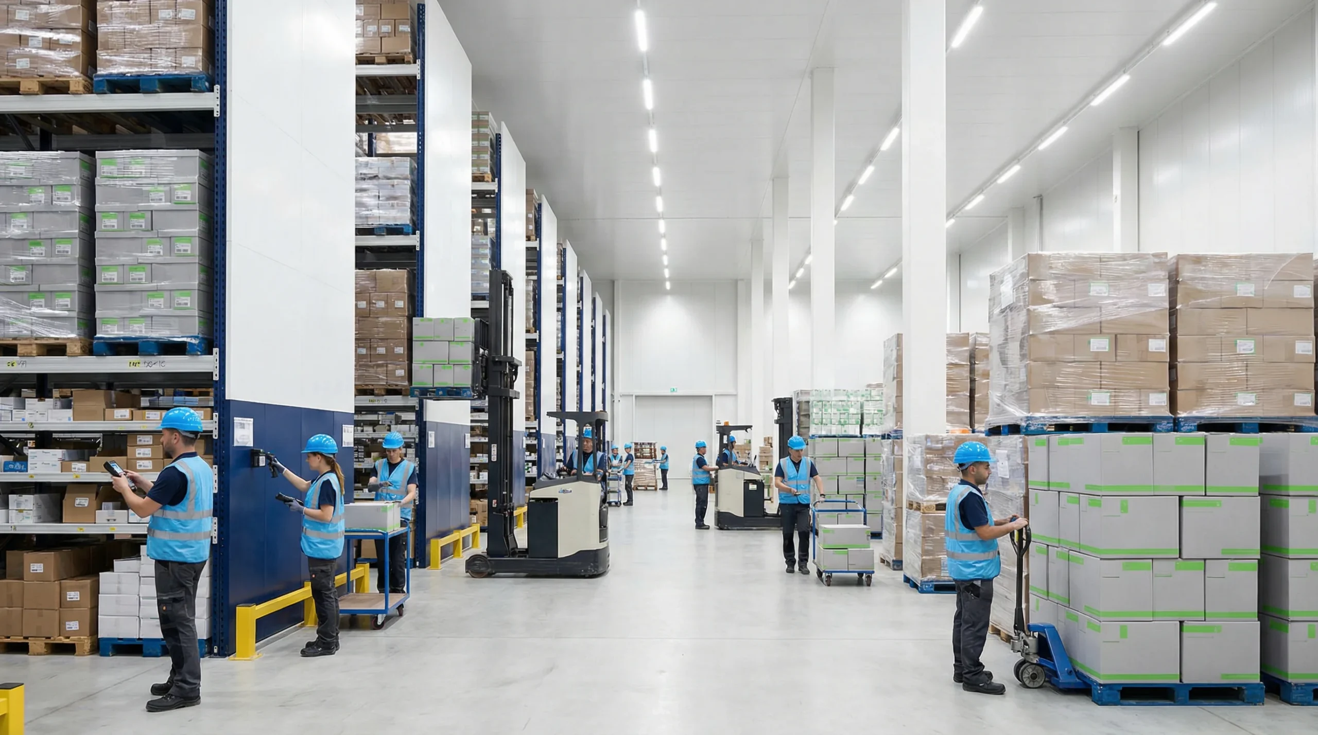 Warehouse interior with workers and shelves